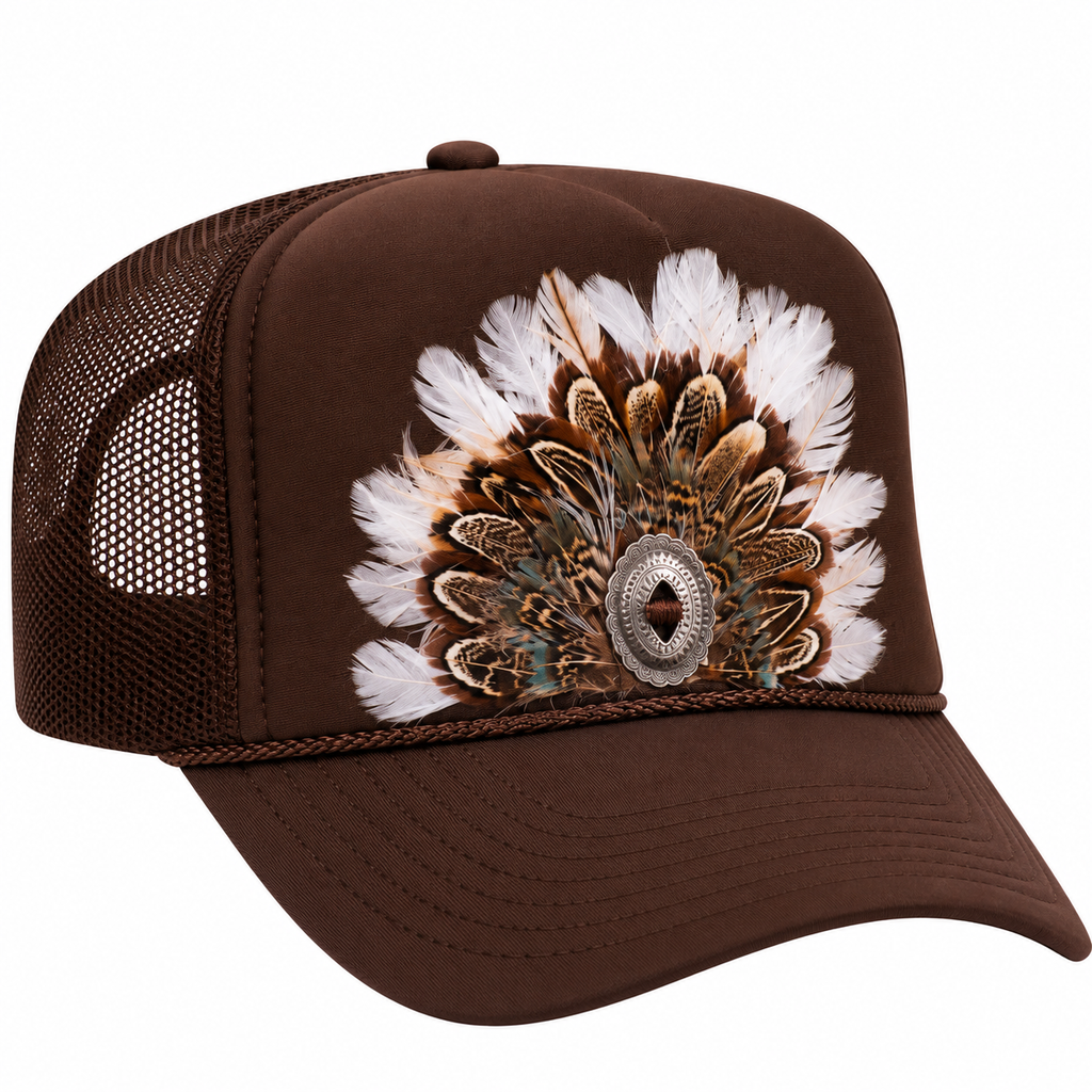 Chocolate Brown Feather Concho Trucker Hat