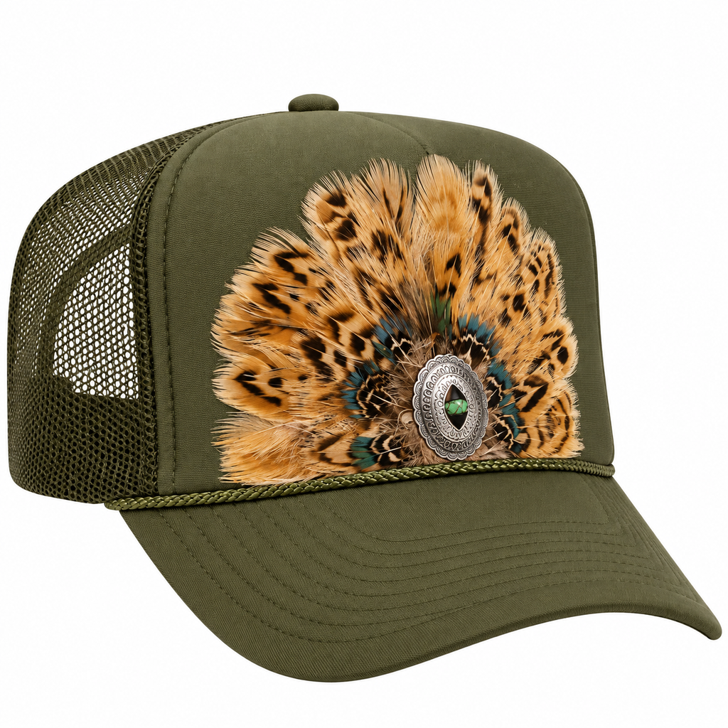 Olive Green Feather Concho Trucker Hat