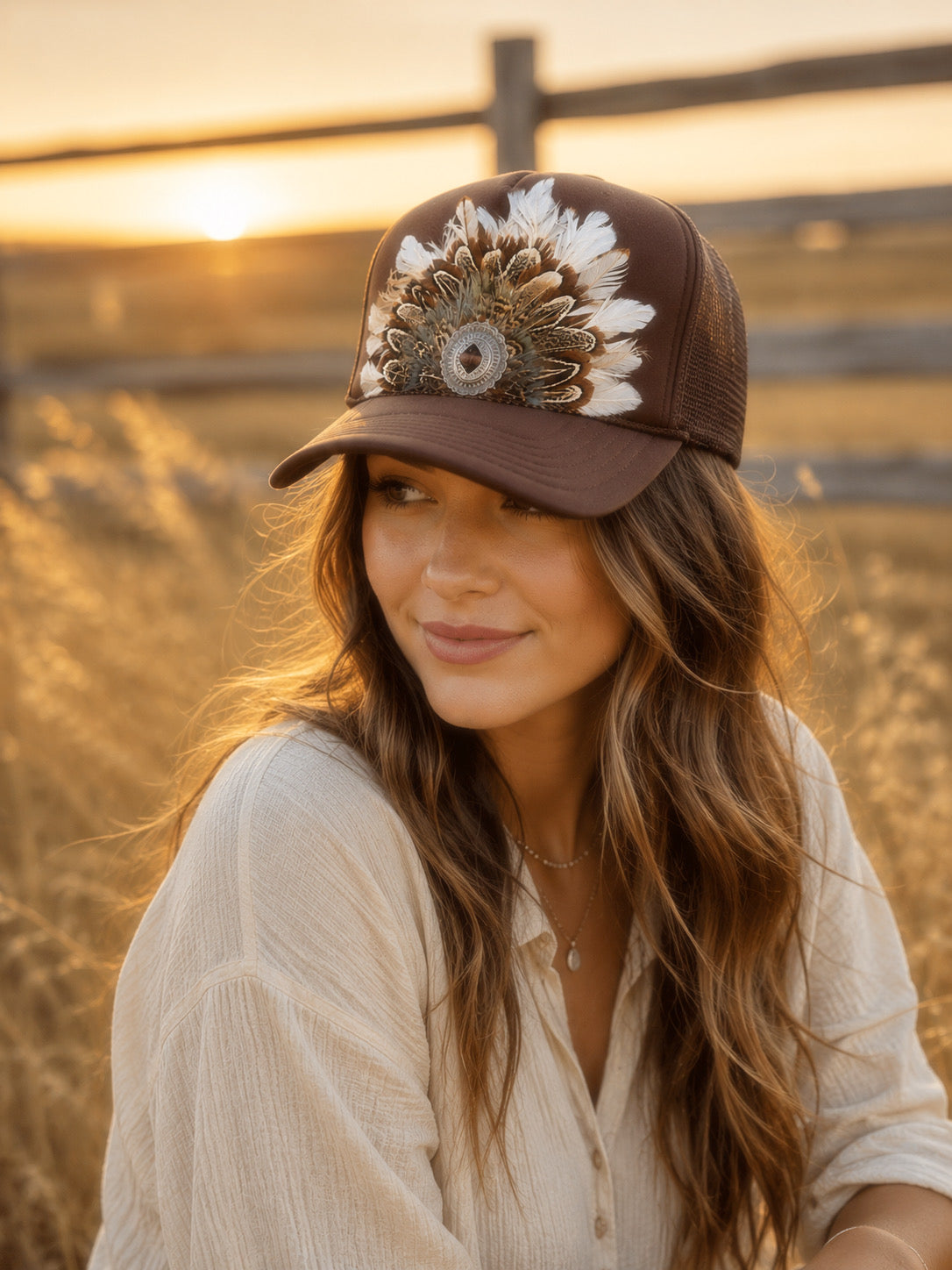 Chocolate Brown Feather Concho Trucker Hat