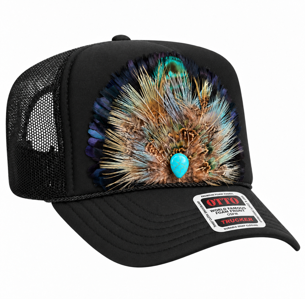 Black + Turquoise Feather Concho Trucker Hat
