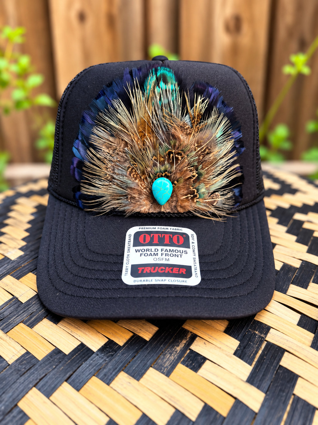 Black + Turquoise Feather Concho Trucker Hat