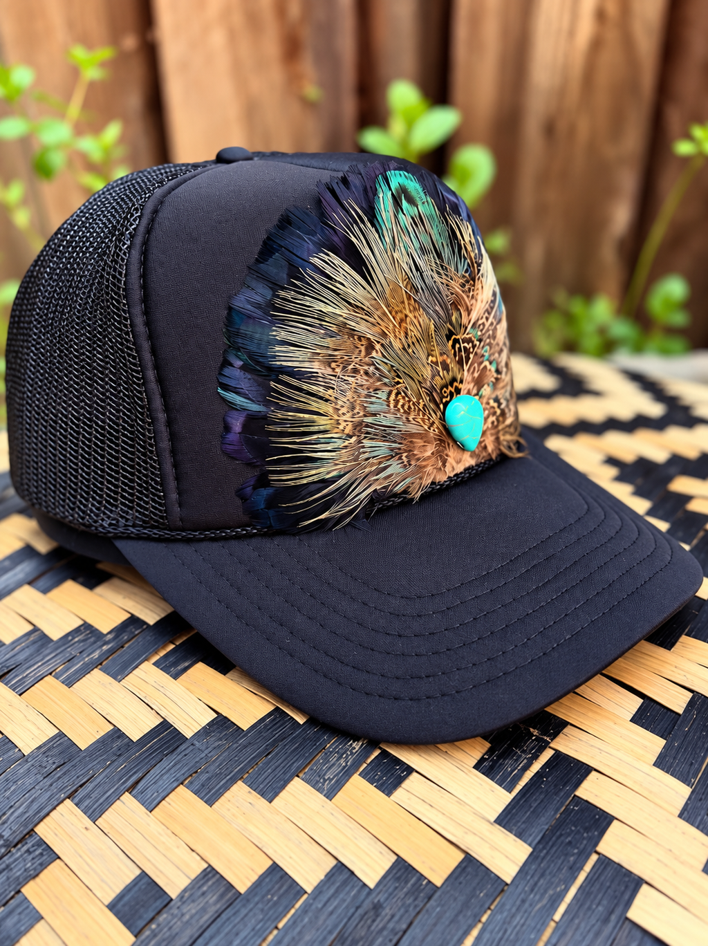 Black + Turquoise Feather Concho Trucker Hat