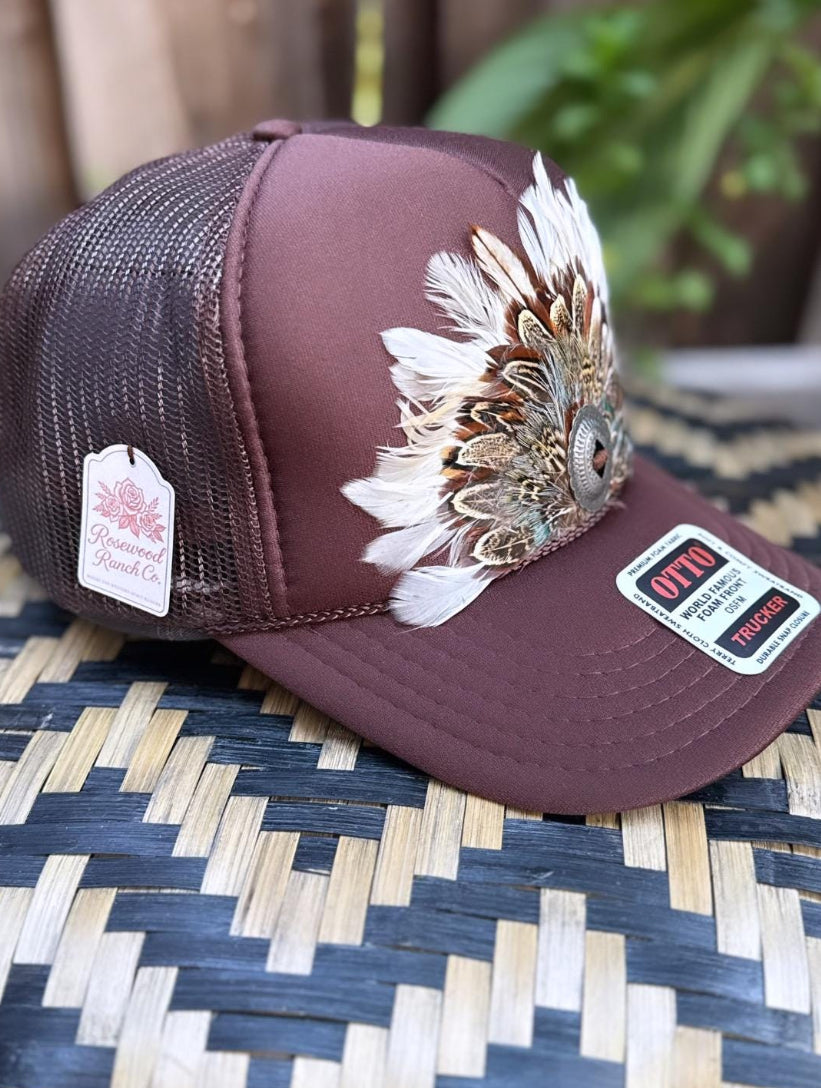 Chocolate Brown Feather Concho Trucker Hat