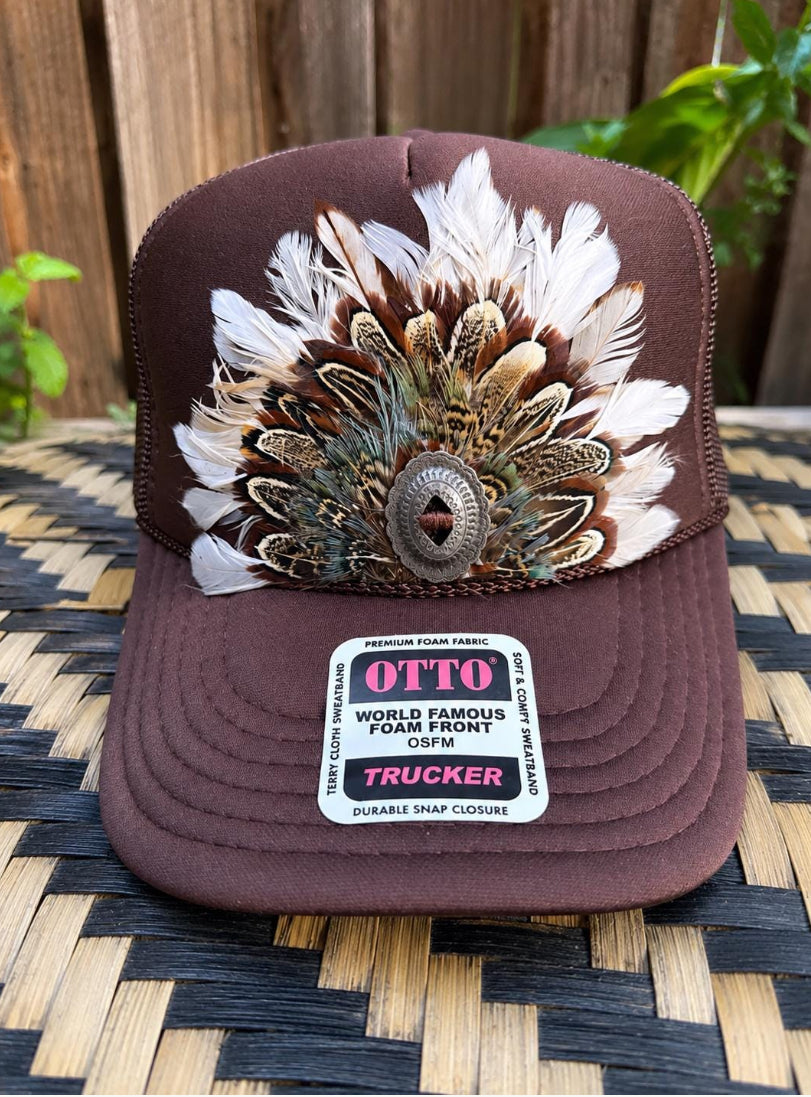 Chocolate Brown Feather Concho Trucker Hat