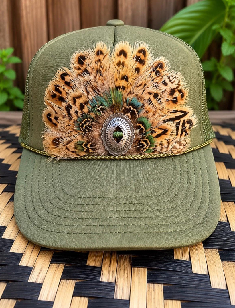 Olive Green Feather Concho Trucker Hat