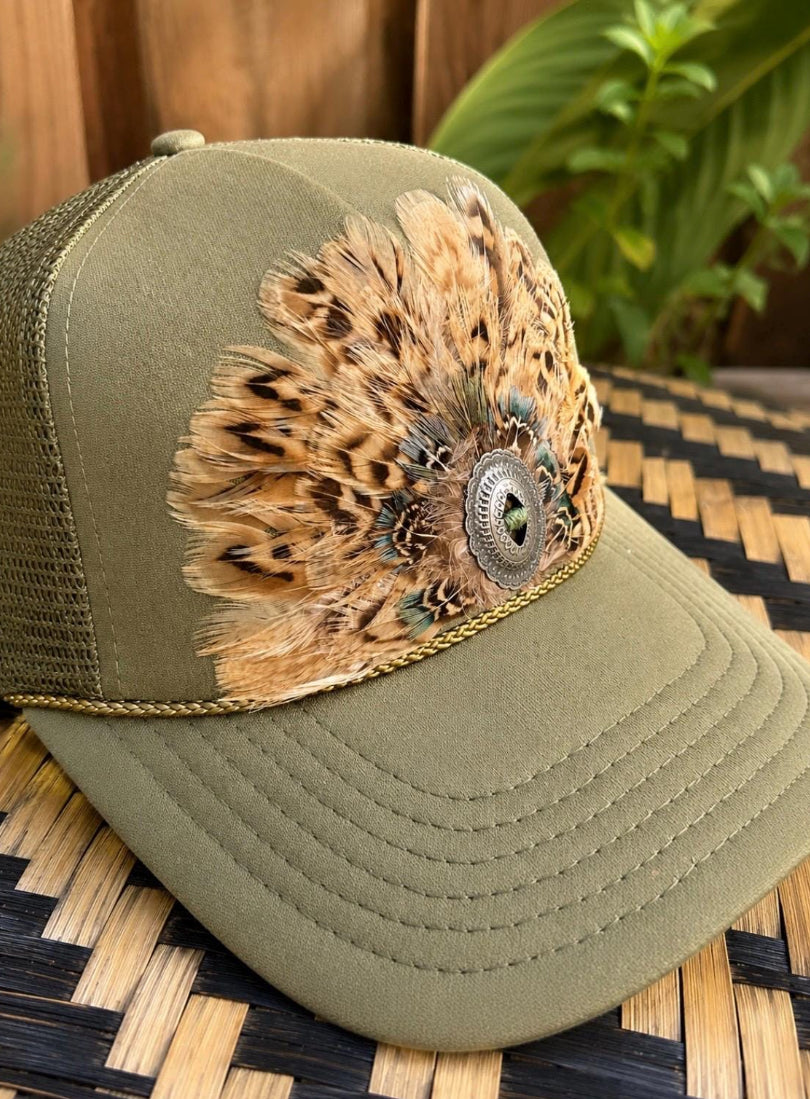 Olive Green Feather Concho Trucker Hat
